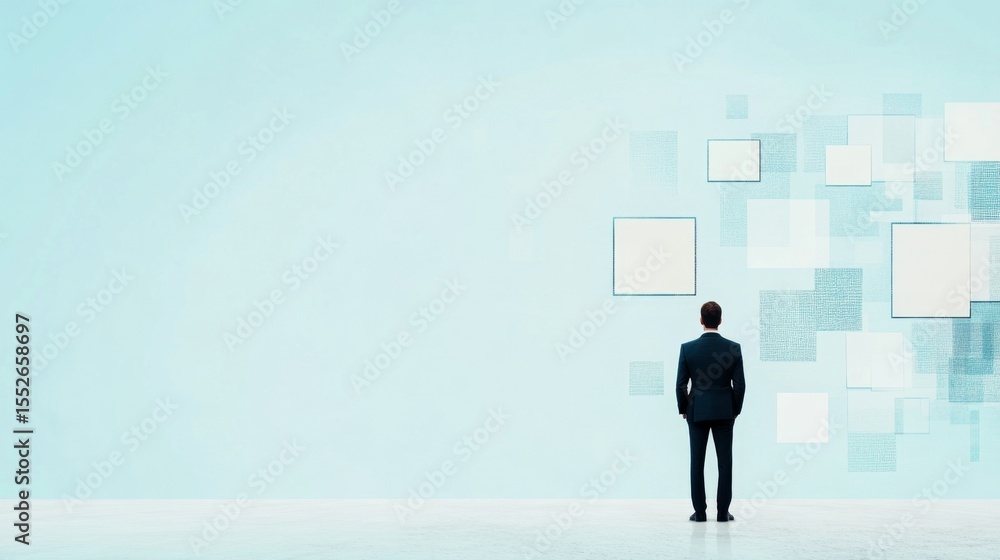 Fototapeta premium Abstract digital backdrop featuring a businessman silhouette, representing innovation and strategic planning, ample copy space available