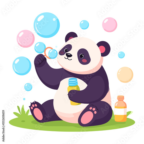 A panda sits on grass blowing bubbles It holds a bottle of bubbles another bottle sits beside it