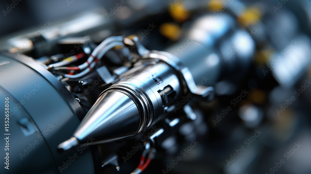 Fototapeta premium A close-up shot of a complex industrial mechanism or engine part, featuring metallic components and yellow wiring, highlighting precision engineering. 
