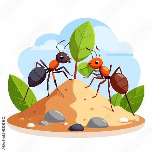 Two ants stand on a sandy mound surrounded by leaves and a small plant against a backdrop of blue sky and clouds