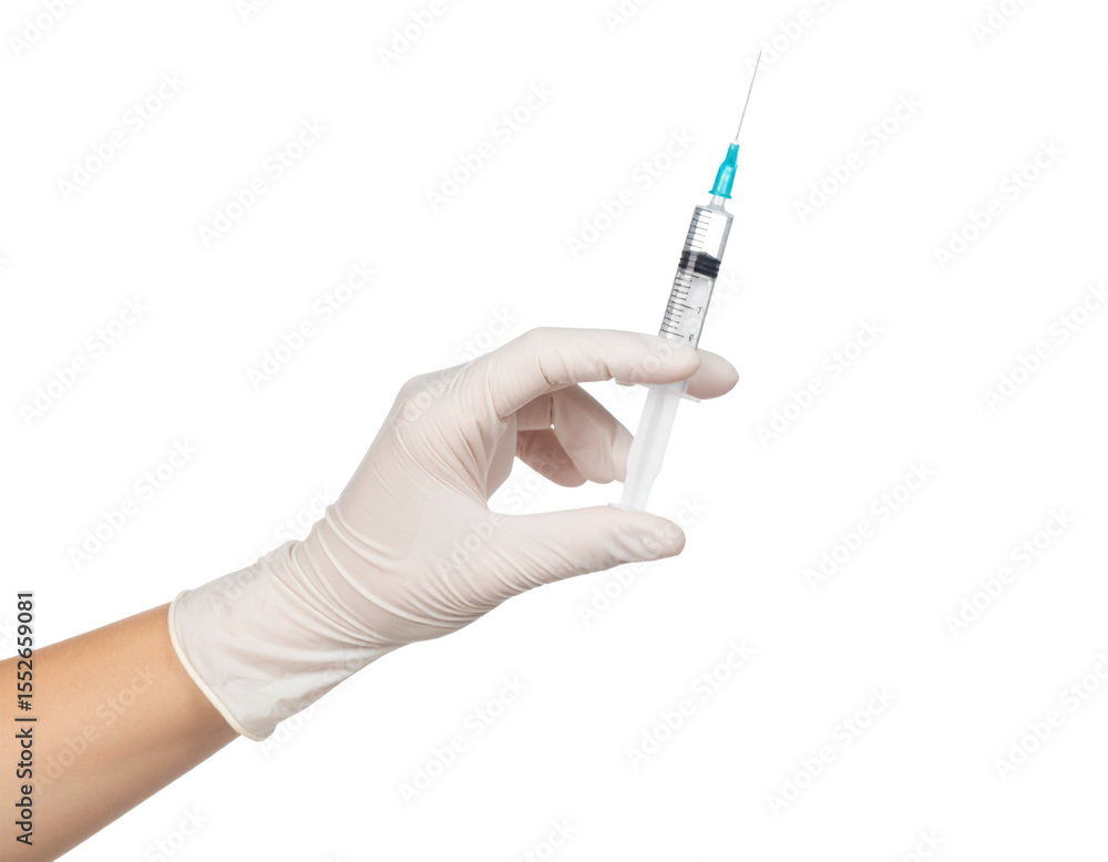 Female hand in medical glove hold syringe Isolated on Transparent or White Background Female hand in medical glove hold syringe Isolated on Transparent or White Background