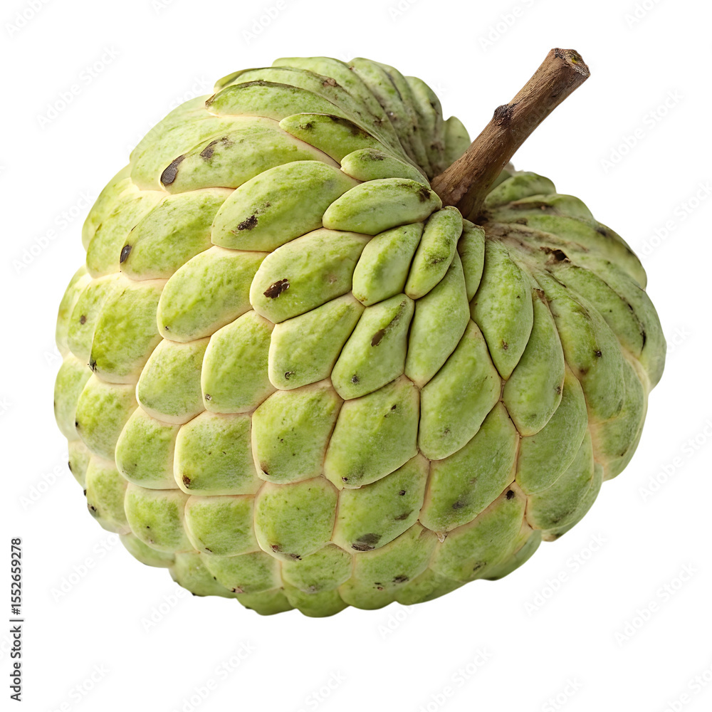 Fototapeta premium Ripe green custard apple fruit with a brown stem isolated on transparent background