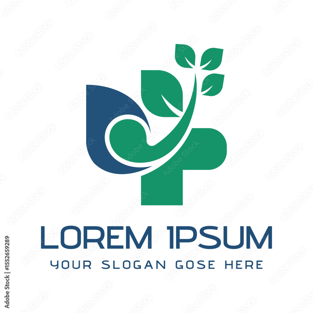Obraz premium Natural Health Medical Cross Logo with Leaf Design