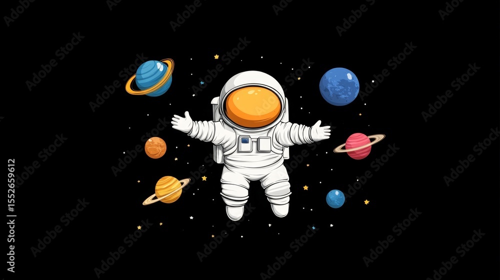 Naklejka premium Chibi astronaut in space, surrounded by colorful planets and twinkling stars, with space for text, whimsical anime art