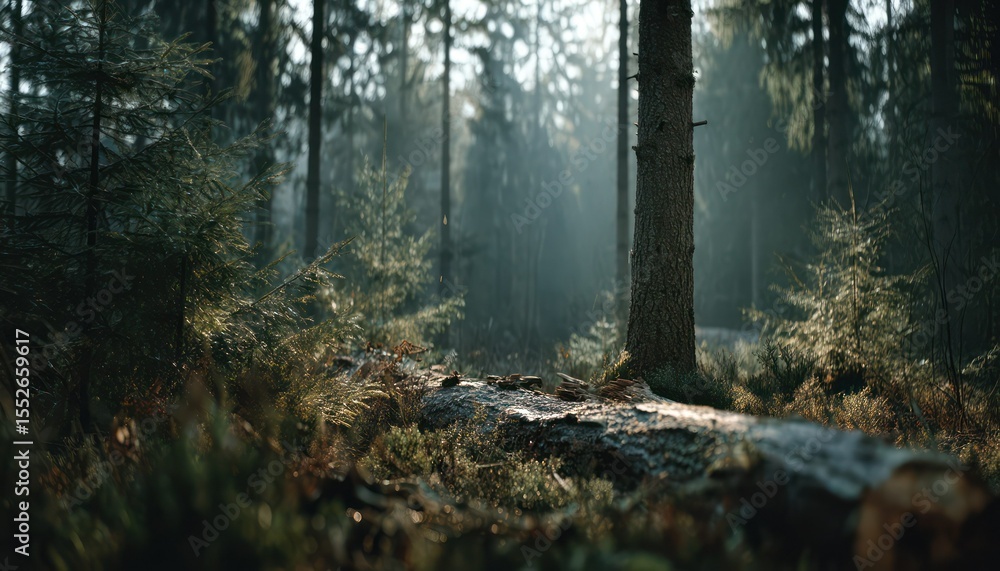 Obraz premium Sunlit forest with lush vegetation and fallen trees, showcasing nature's grandeur