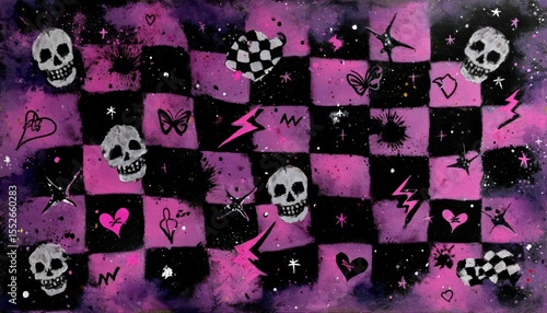 Aesthetic checkerboard artwork featuring skulls, hearts, and geometric shapes in vibrant color