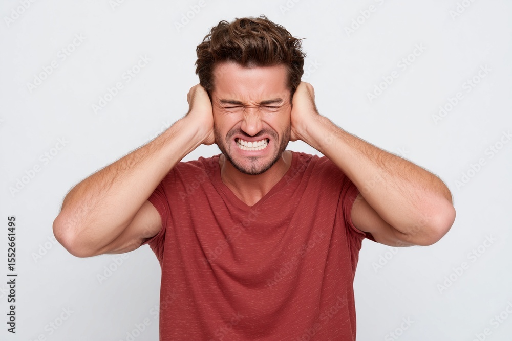 Naklejka premium Frustrated man with short dark hair in reddish-brown shirt pressing hands to head in distress, expressing stress, anxiety, or burnout, isolated on plain white background for emotional clarity