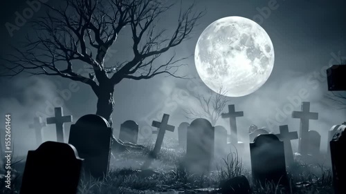 Spooky graveyard scene at night, full moon, fog, and crosses.
