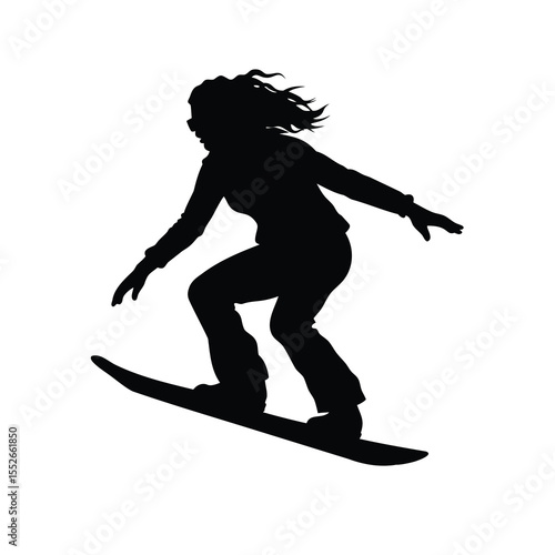 Silhouette of a female snowboarder riding down the slopes on white background