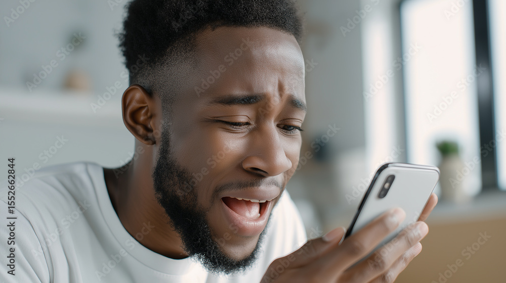 A cheerful young African American man laughs heartily while looking at his smartphone, reacting to content.
A cheerful young African American man laughs heartily while looking at his smartphone, reacting to content.