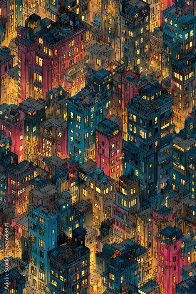 A vibrant and detailed painting of a nighttime cityscape with glowing lights and buildings
