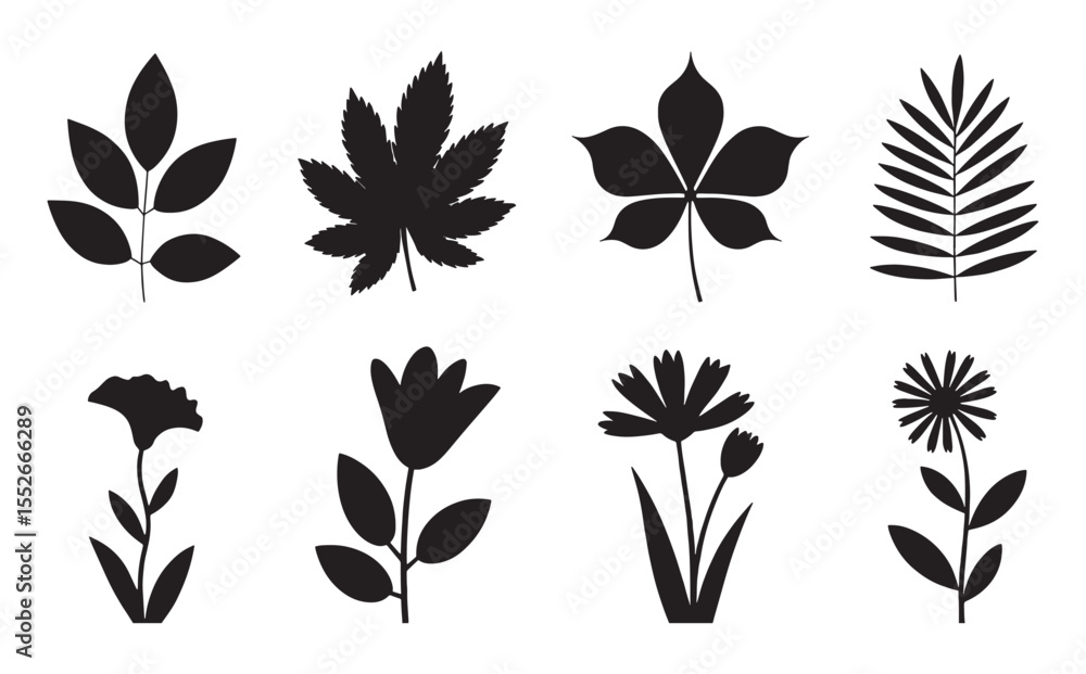 Obraz premium Collection of Black Botanical Silhouettes Featuring Various Leaf and Flower Shapes in Minimalist Vector Style for Nature and Design Themes