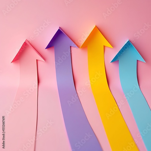 Colorful paper arrows pointing upwards symbolizing growth and progress in different directions