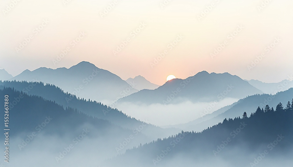 Obraz premium Misty Blue Mountain Range with Rising Sun, Foggy Atmospheric Landscape