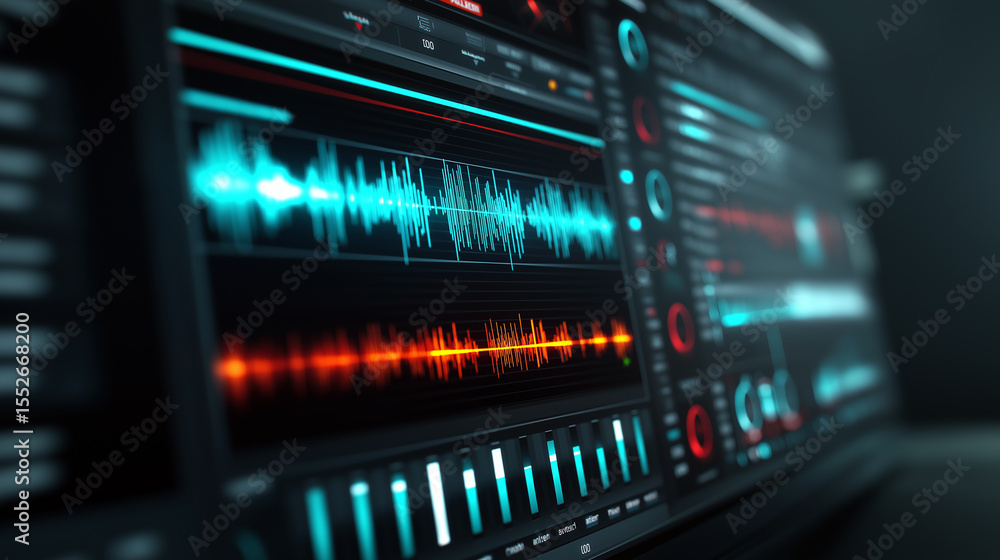 Obraz premium A vibrant digital display shows multiple colorful sound waves and frequency graphs, representing audio analysis, data visualization, and technological interfaces. 