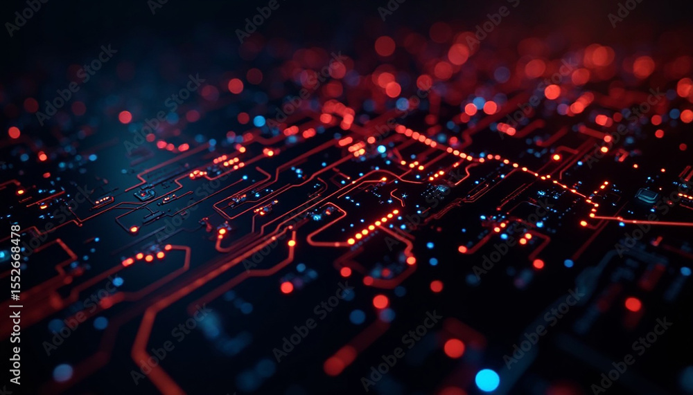 Fototapeta premium Complex Circuit Board with Red and Blue Lights on Dark Surface