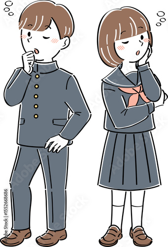 悩んだり考えたりする制服姿の男女の学生のイラスト　全身