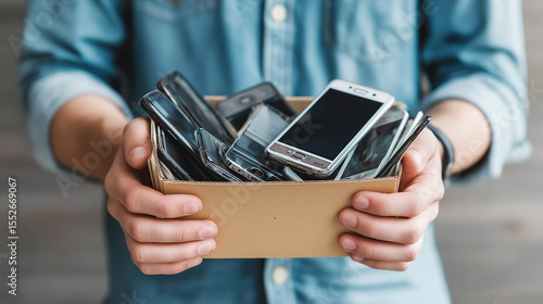 A person holds a cardboard box filled with old mobile phones, symbolizing electronic waste, recycling, and outdated technology.

