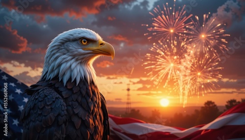 Majestic eagle watches fireworks on Independence Day an ode to freedom at sunset