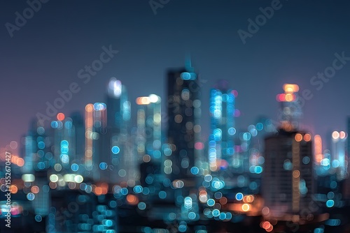 Blurred city skyline at night.  Lights of tall buildings create bokeh