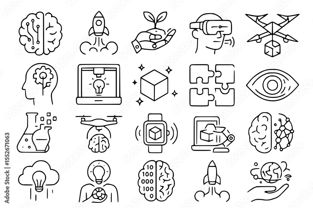 Obraz premium Innovation & Future Technology Line Icons: AI, VR & STEM Vector Set