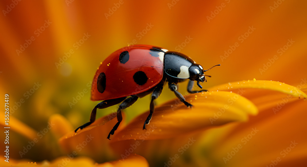 Fototapeta premium A ladybug with black spots crawls on a vibrant orange flower petal in a close-up, detailed view.