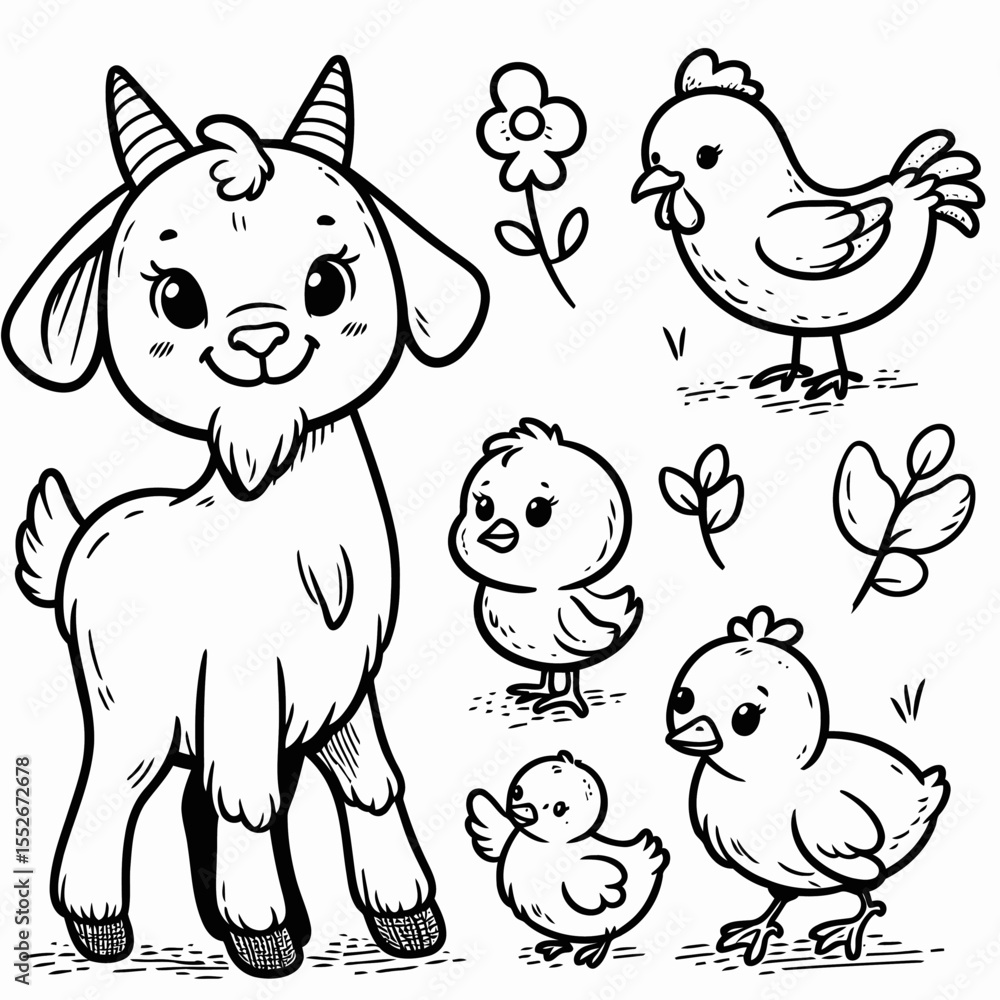 Obraz premium Cute Farm Animals Coloring Page with Goat, Chicks, and Flowers