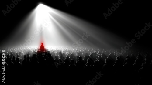 Red businessman standing out from the crowd under spotlight
