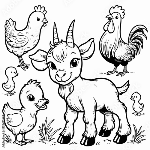 Cute Farm Animals Coloring Page with Goat, Duck, and Chickens