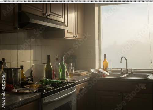 Messy Kitchen Scene Sunlit Counter with Dishes and Bottles