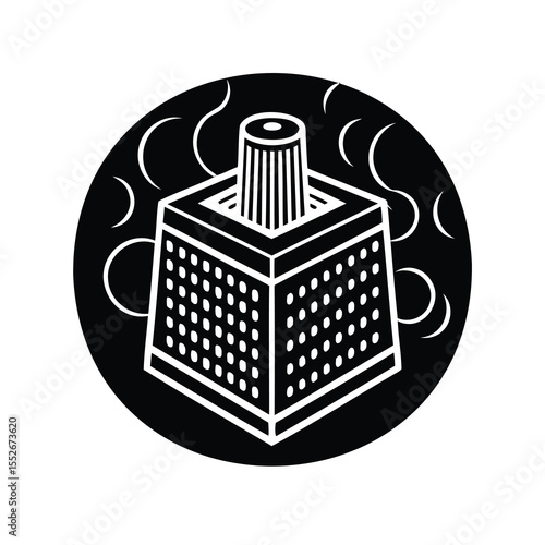 Minimalist depiction of a cheese grater within a black circle background