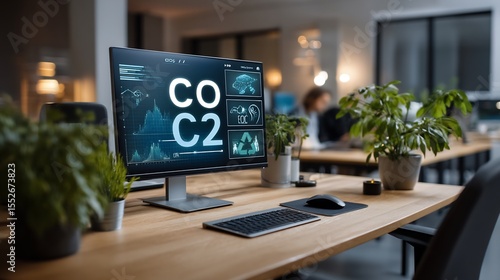 Office workstation display showing CO2 emissions analysis and green initiatives data