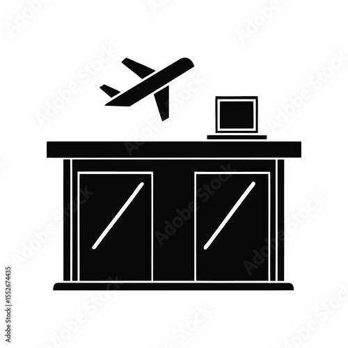 Airport check in desk with computer and flying airplane illustration