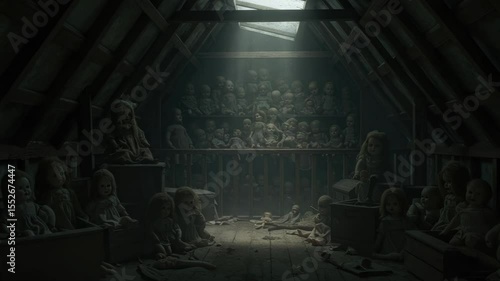 Creepy Attic Full of Dolls with Dim Light in a Surreal Horror Scene Setting