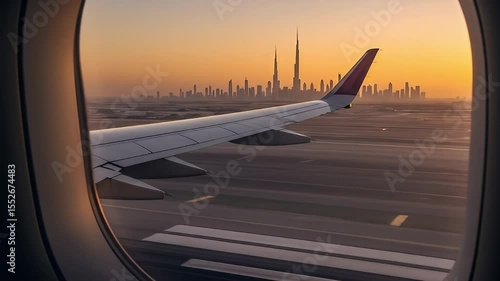 Airplane Taking Off, Dubai Cityscape, Window View, Sunset, Travel Journey