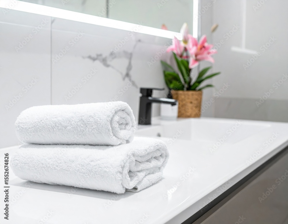 White Rolled Towels on Modern Bathroom Sink White Rolled Towels on Modern Bathroom Sink