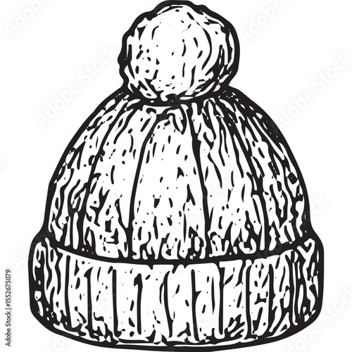 Hand-drawn black and white winter beanie hat with pom-pom, perfect for cold-weather art, festive illustrations, and cozy fashion designs