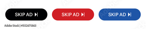 Skip Ad Button Icons – Bold Play Skip UI Elements in Red, Black & Blue for Video Ads and Streaming Interfaces – Vector Pack
