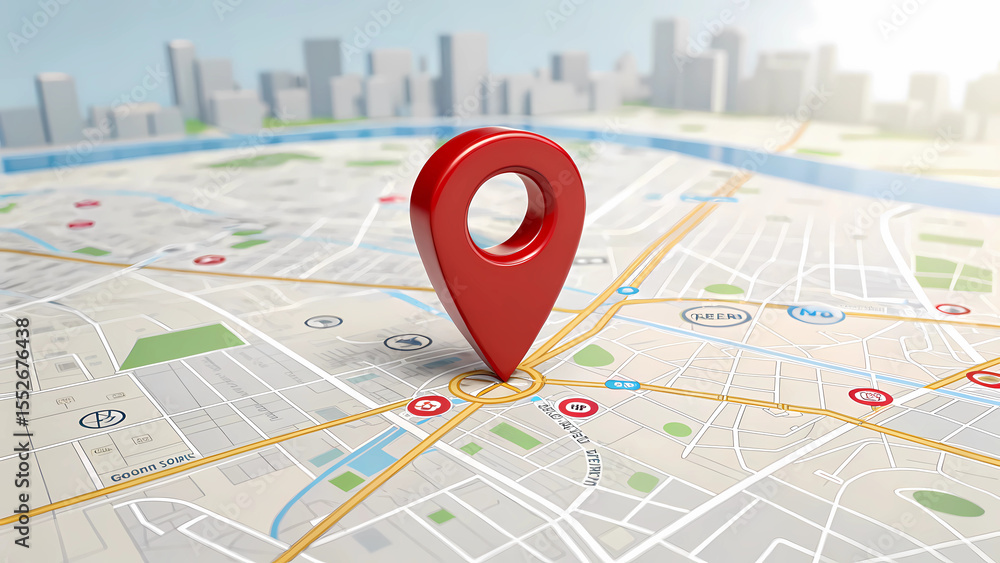 Fototapeta premium Red location pin on city map gps navigation destination travel route planning and finding direction
