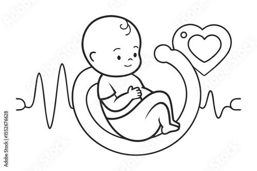 Cute Baby in Womb with Heartbeat Line Art Illustration on White Background black and