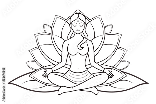Line art illustration of a woman meditating in lotus position against a lotus flower backdrop
