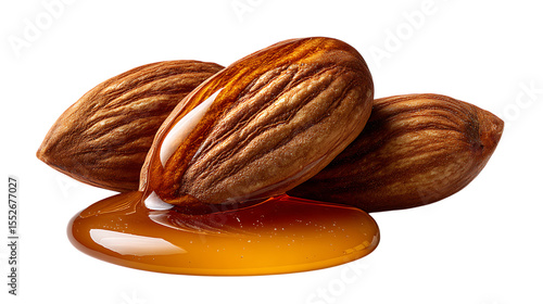 Three whole almonds glistening with golden honey isolated on transparent background