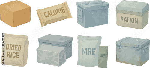 Military Ammo Boxes and Survival Food Rations in Colorful Loose Watercolor Style Tactical War Supplies and Emergency Gear Illustration | Generative AI