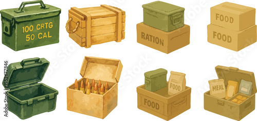 Military Ammo Boxes and Survival Food Rations in Colorful Loose Watercolor Style Tactical War Supplies and Emergency Gear Illustration | Generative AI