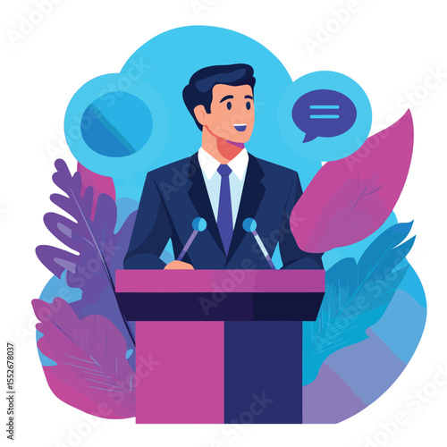 A man in a suit delivers a speech at a podium, with speech bubbles around him
