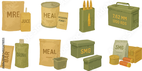 Military Ammo Boxes and Survival Food Rations in Colorful Loose Watercolor Style Tactical War Supplies and Emergency Gear Illustration | Generative AI