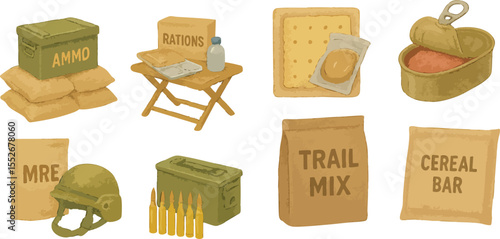 Military Ammo Boxes and Survival Food Rations in Colorful Loose Watercolor Style Tactical War Supplies and Emergency Gear Illustration | Generative AI