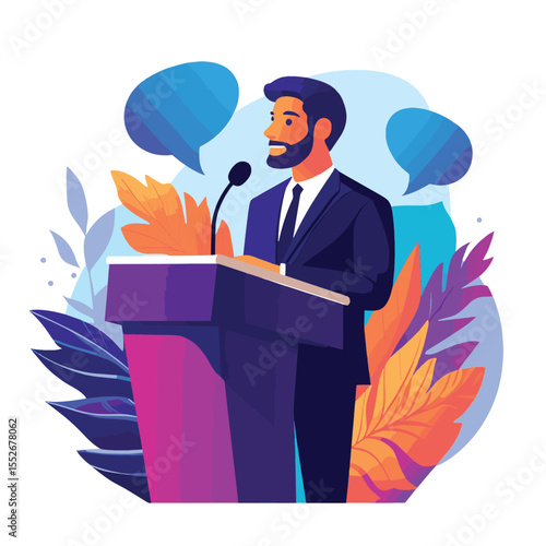 A man in a suit delivers a speech at a podium, with speech bubbles around him