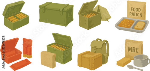 Military Ammo Boxes and Survival Food Rations in Colorful Loose Watercolor Style Tactical War Supplies and Emergency Gear Illustration | Generative AI