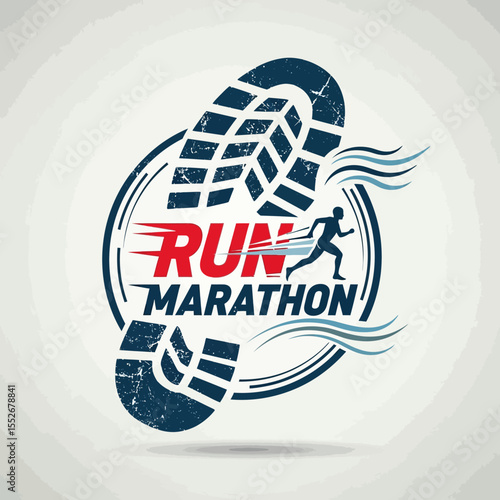 Dynamic marathon running logo featuring shoe print and runner silhouette with motion lines
